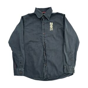 Ra-re Made in Italy Men Black Distressed Graphic Button Down Shirt 12 L